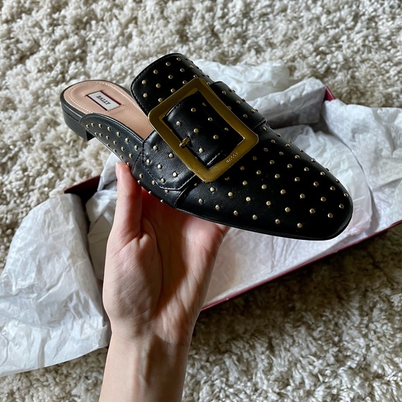 BALLY Janesse Metal Black & Gold Stud Mule Loafers - Picture 8 of 14